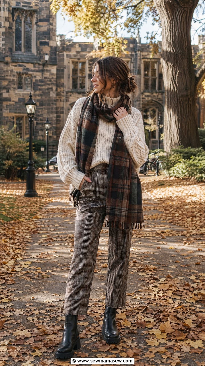 Chunky Knit Sweater Outfit With Plaid Trousers And Lug Boots - 35 Dark academia outfit ideas
