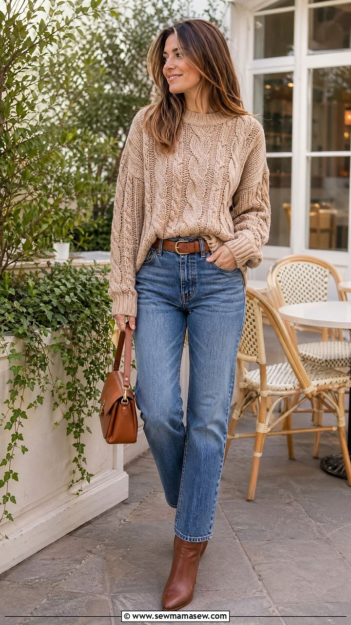Chunky Knit Sweater With Ankle Boots and Jeans - 35 chunky sweater outfit ideas for women