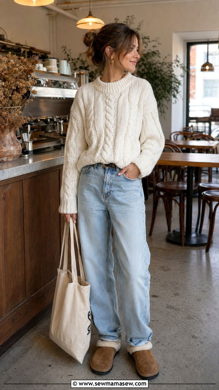 Chunky Knit Sweater With Baggy Jeans Outfit - 30 90s outfit ideas for women over 40