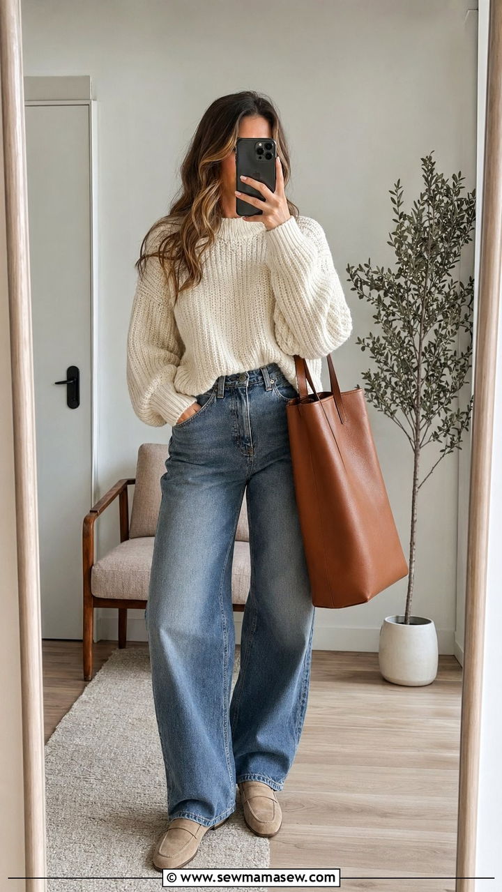Chunky Knit Sweater With Baggy Jeans and Suede Loafers - 30 Baggy jeans outfit ideas with loafers