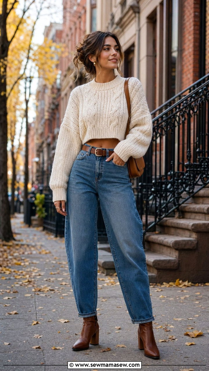Chunky Knit Sweater With Barrel Jeans And Boots - 35 Petite outfit ideas with jeans