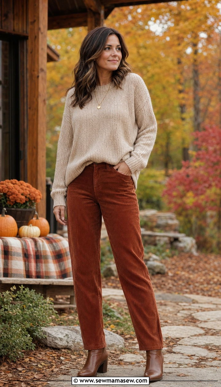 Chunky Knit Sweater With Corduroy Pants - 35 Modest outfit ideas for moms