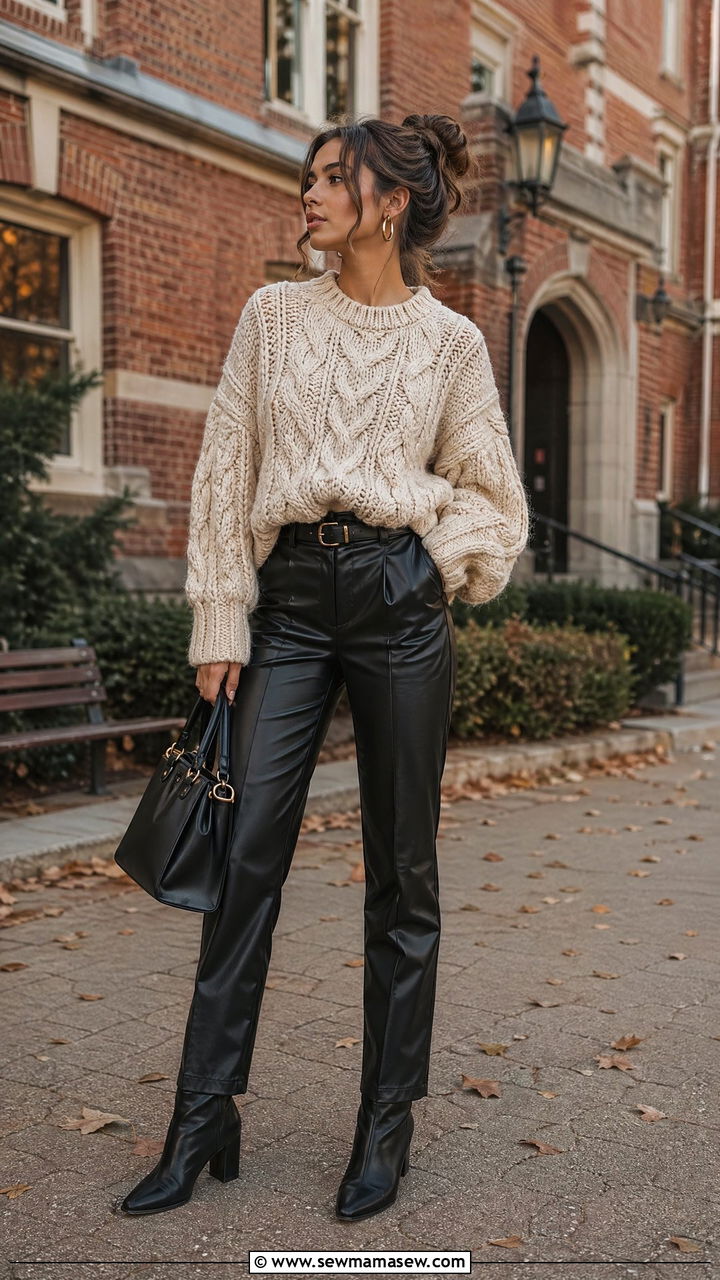 Chunky Knit Sweater With Faux Leather Trousers - 35 college outfits 2026