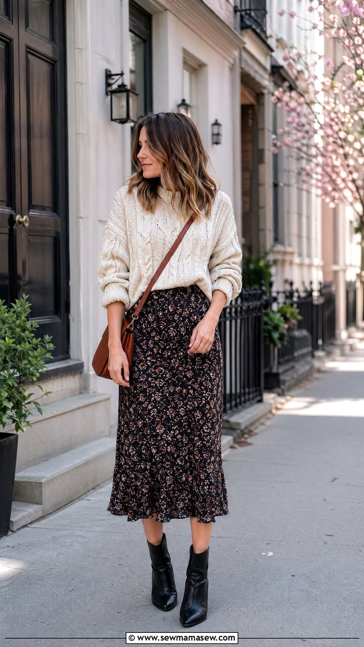 Chunky Knit Sweater With Floral Midi Skirt - 35 Cold spring outfits