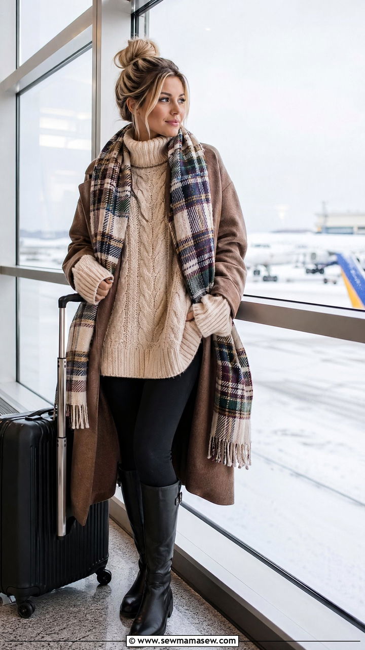 Chunky Knit Sweater With Leggings And Knee High Boots - 40 Airport outfits for women