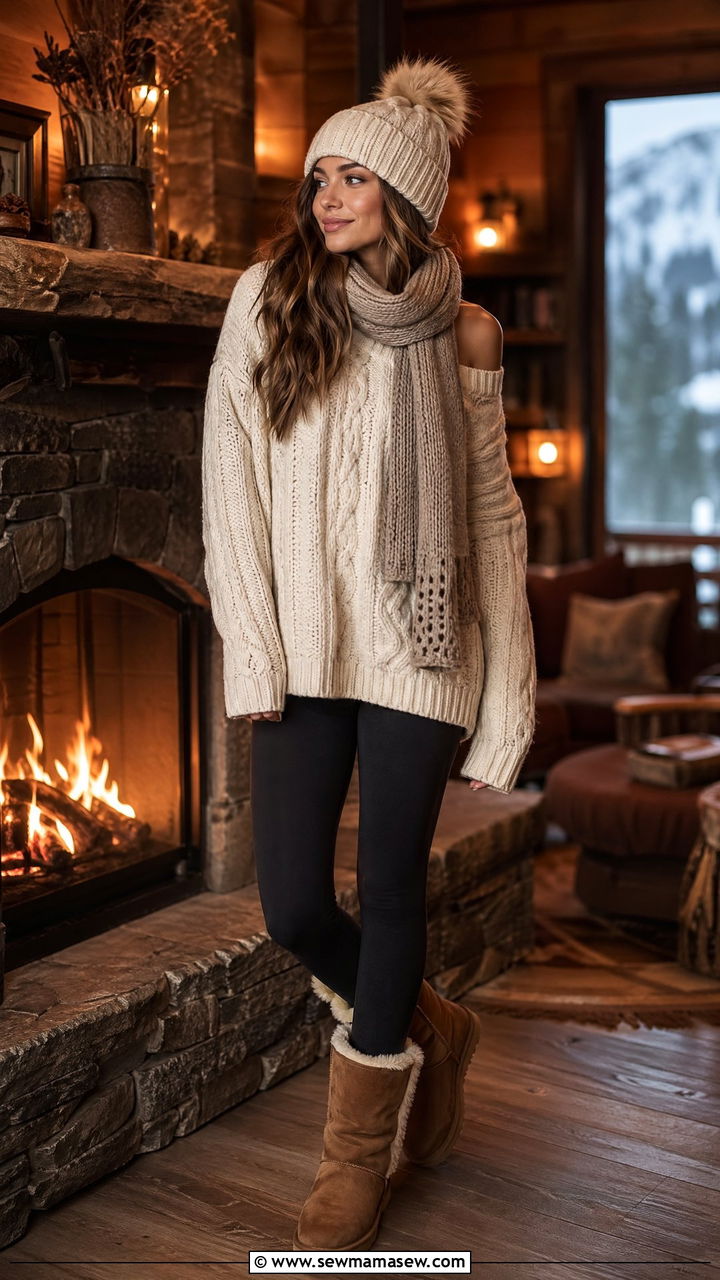 Chunky Knit Sweater With Leggings Apres Ski Outfit - 35 vacation outfits ideas