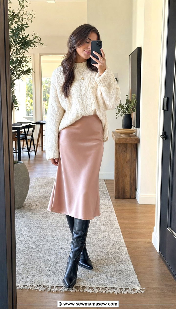 Chunky Knit Sweater With Midi Skirt and Knee High Boots - 30 50 degree weather outfits