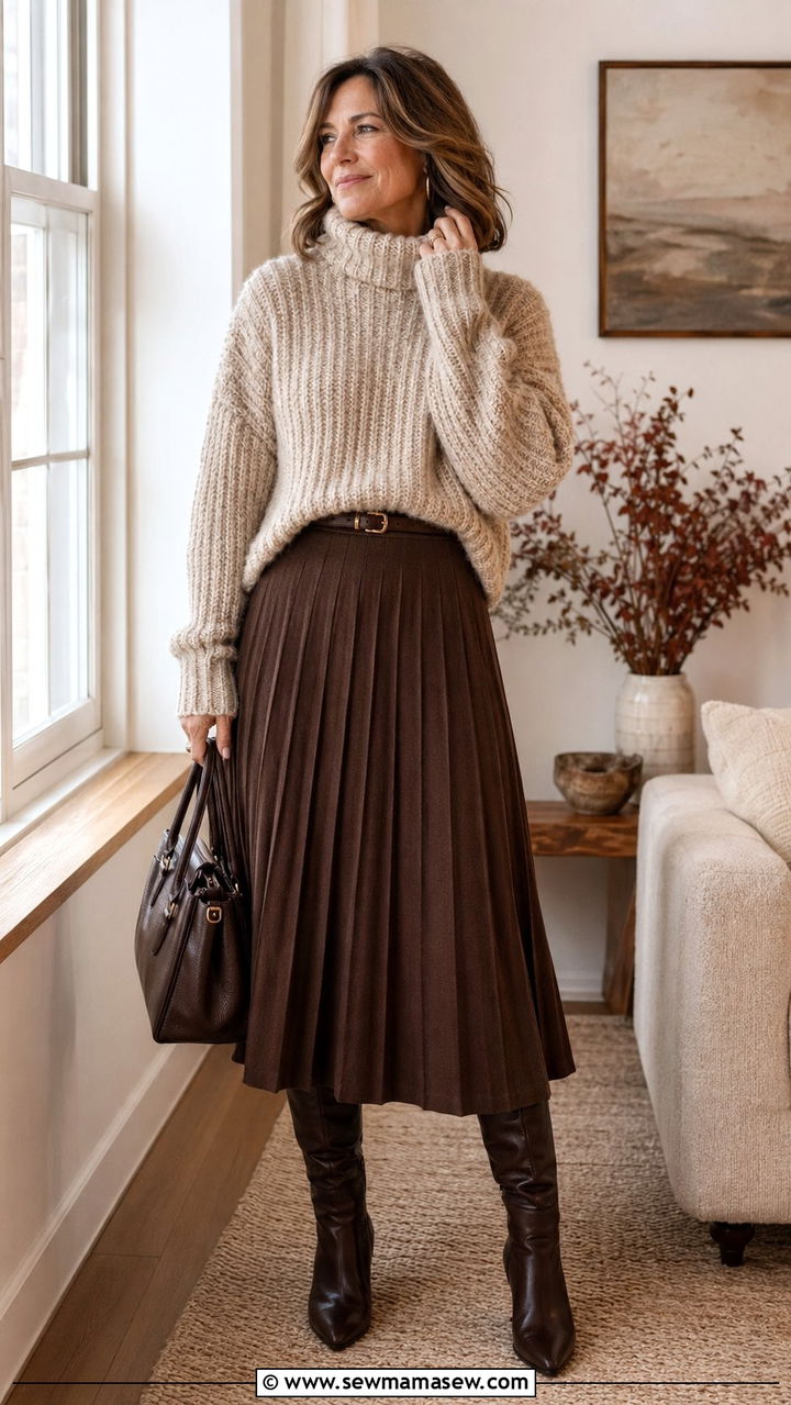 Chunky Knit Sweater With Pleated Wool Skirt And Knee High Boots - 35 Old money outfits for women over 40