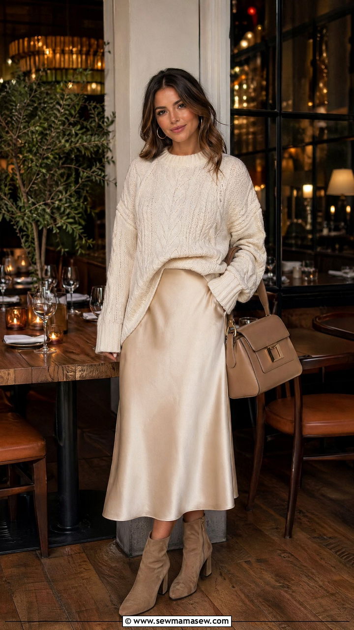Chunky Knit Sweater With Satin Midi Skirt And Ankle Boots Outfit - 35 classy casual outfits
