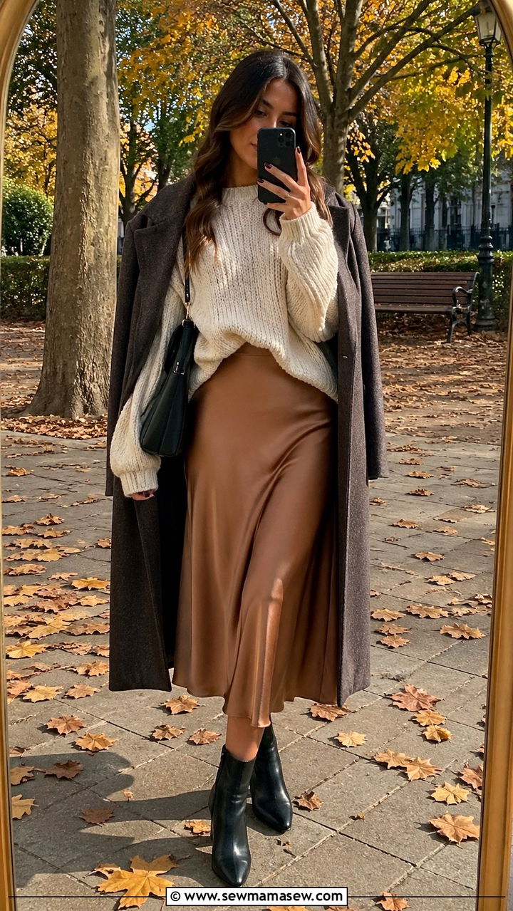 Chunky Knit Sweater With Slip Skirt and Ankle Boots - 30 slip skirt outfit ideas for women