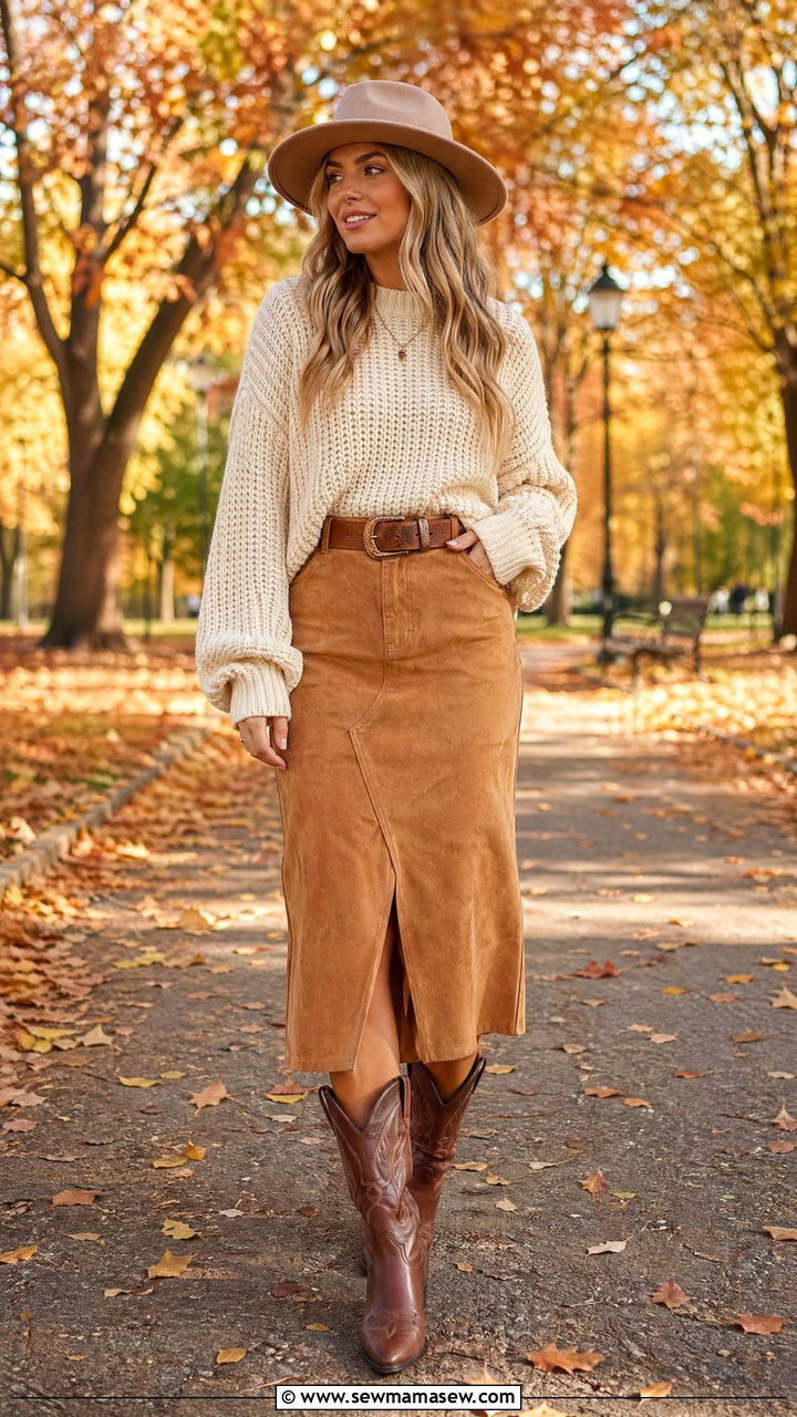 Chunky Knit Sweater With Suede Midi Skirt - 35 Cowgirl outfit ideas