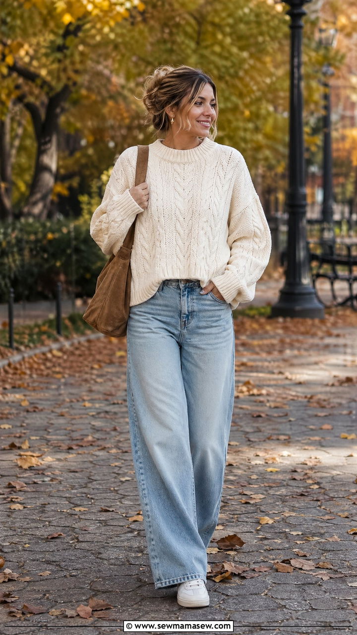 Chunky Knit Sweater With Wide Leg Denim and Sneakers - 35 comfy outfit ideas for women