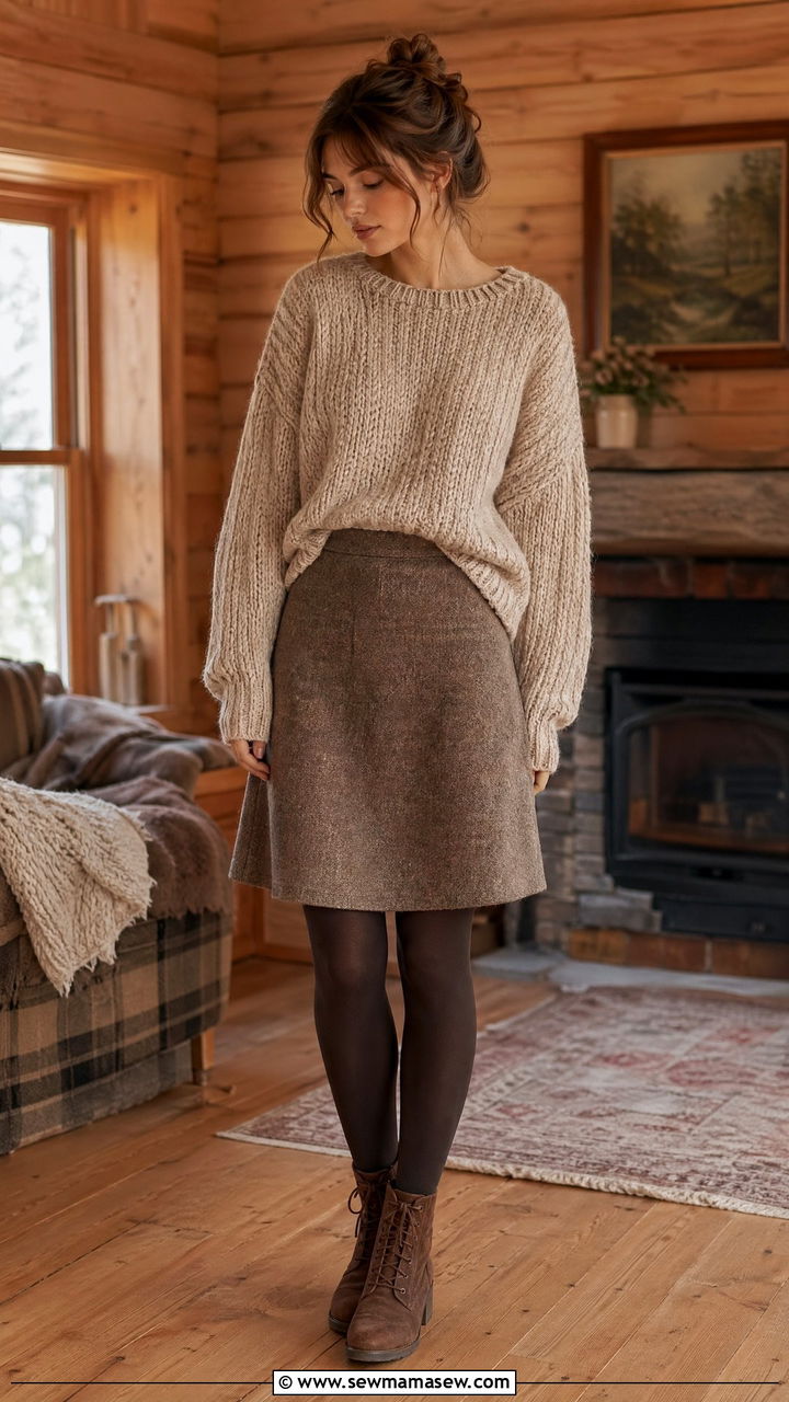 Chunky Knit Sweater With Wool A Line Skirt And Thick Tights - 35 Cottagecore outfit ideas