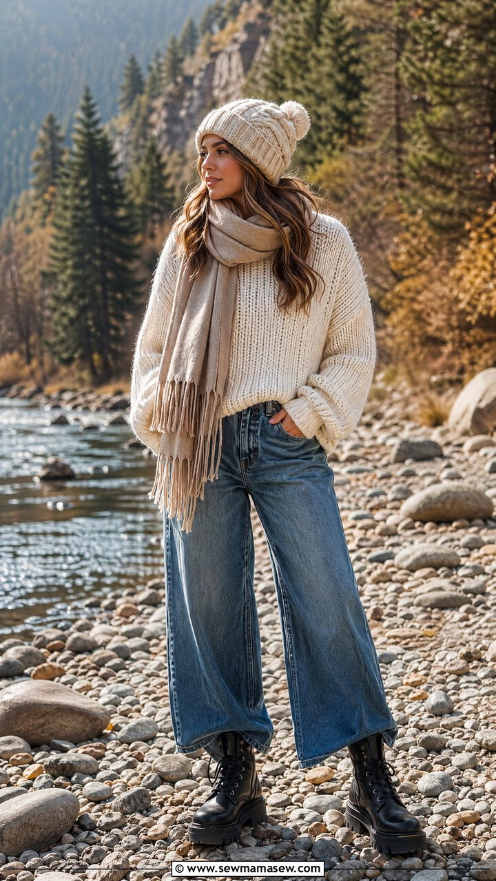 Chunky Knit Sweater and Combat Boots with Wide Leg Jeans - 35 wide leg jeans outfits for women