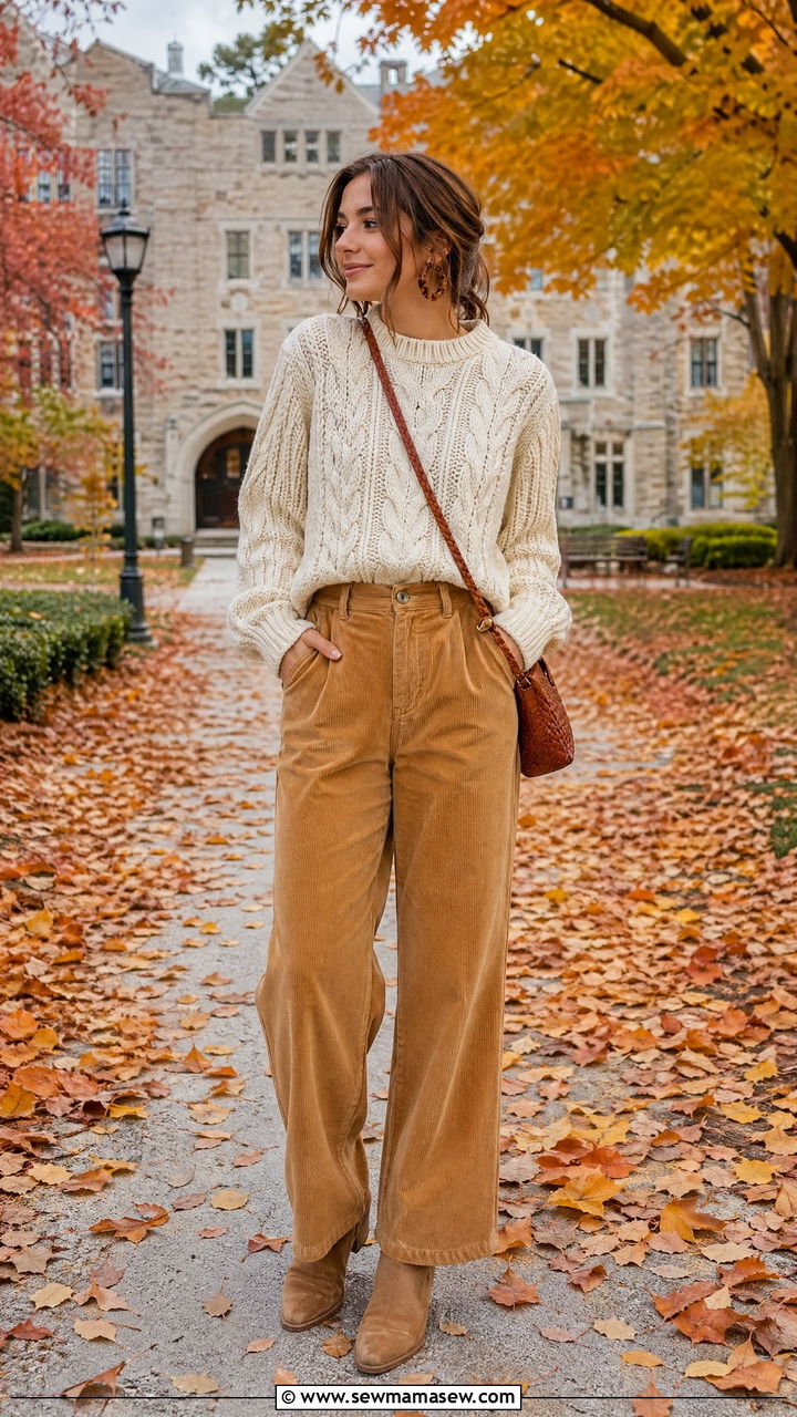 Chunky Knit Sweater and Corduroy Pants Outfit - 35 Trendy outfits for college girls