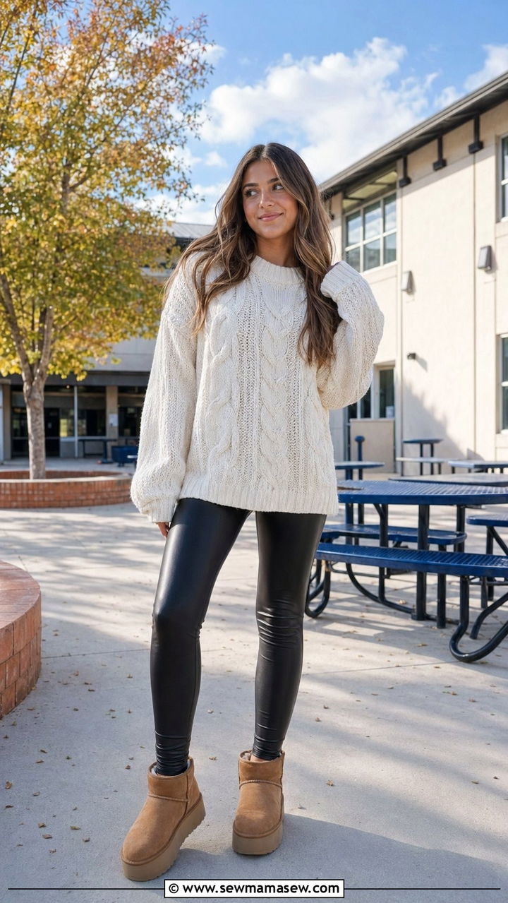 Chunky Knit Sweater and Faux Leather Leggings School Outfit - 35 School outfit ideas for teens