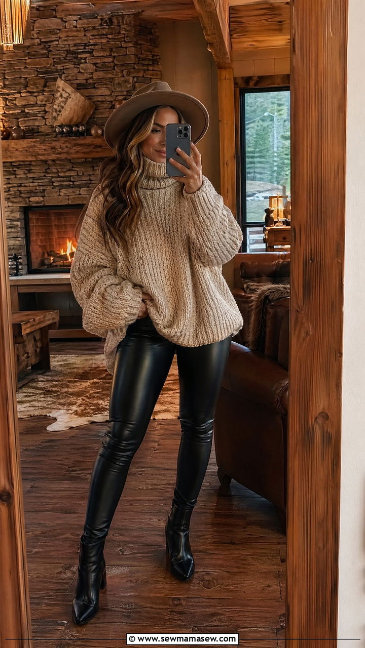 Chunky Knit Sweater and Faux Leather Leggings - 35 Ski bunny outfit ideas
