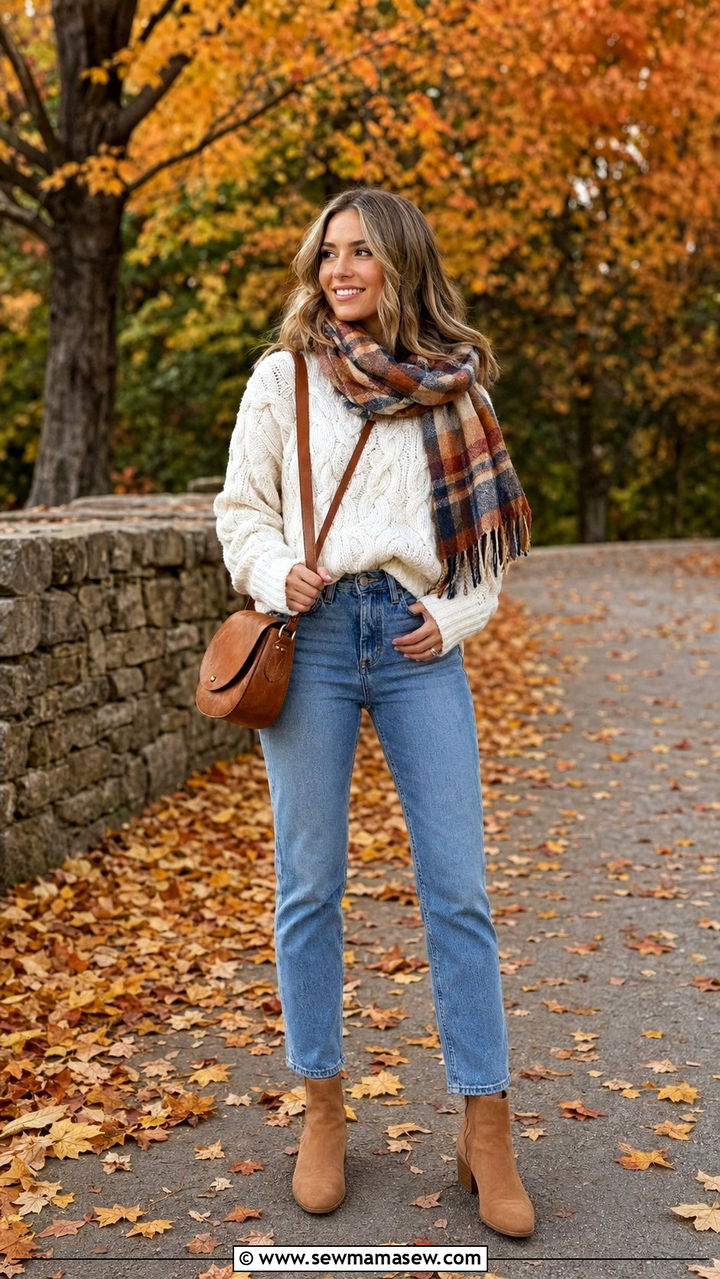 Chunky Knit Sweater and High Rise Straight Jeans Outfit - 35 mom outfit ideas