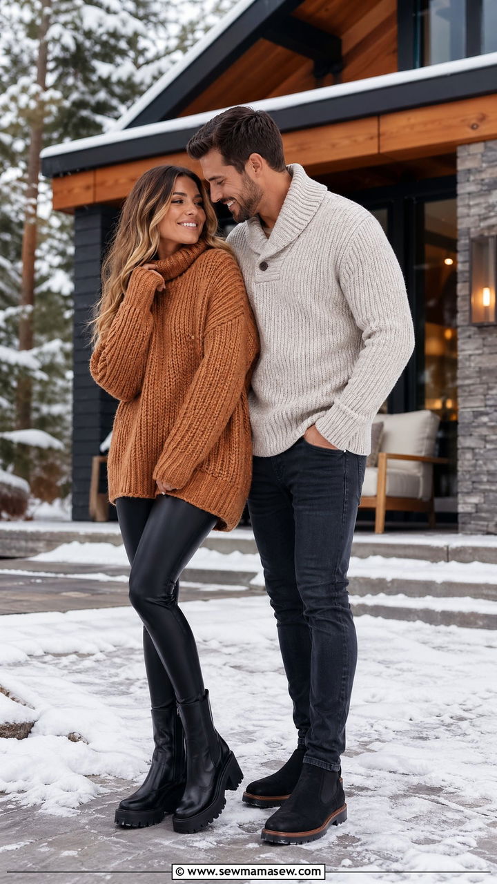 Chunky Knit Sweater and Leather Leggings Winter Couple Outfit - 35 Couples photoshoot outfit ideas