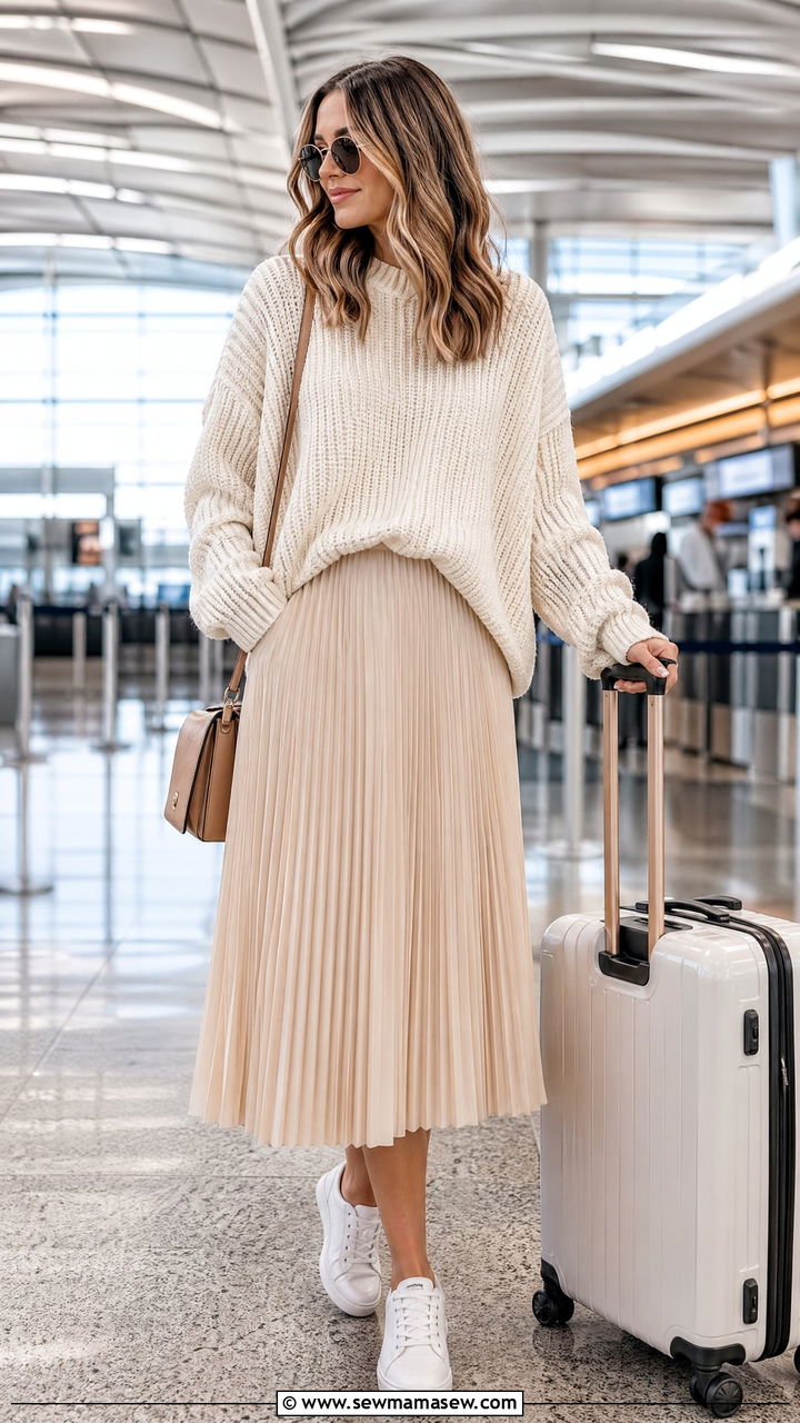 Chunky Knit Sweater and Pleated Midi Skirt - 35 spring airport outfit ideas