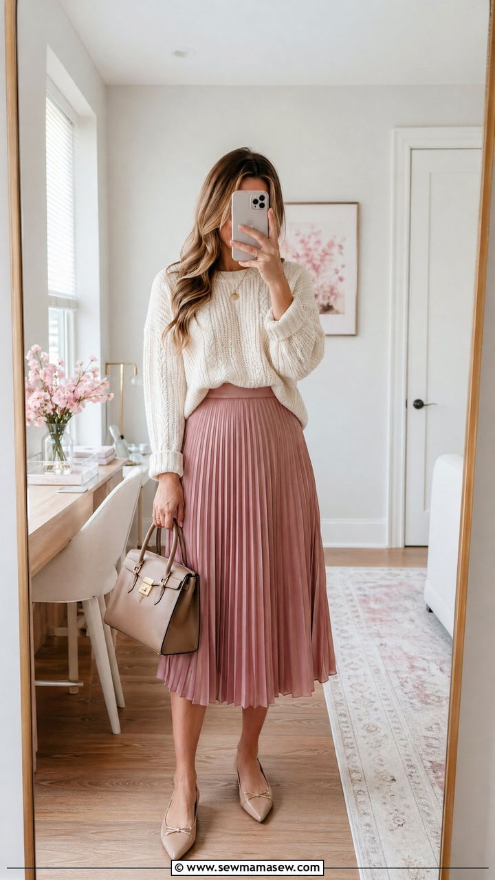 Chunky Knit Sweater and Pleated Skirt - 35 spring business casual outfit ideas