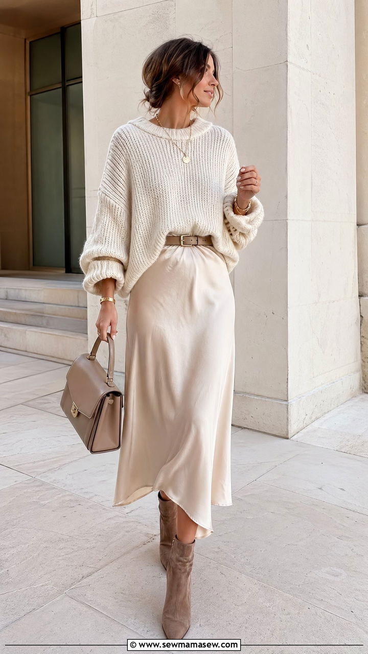 Chunky Knit Sweater and Satin Skirt Outfit - 35 transitional classy outfit ideas