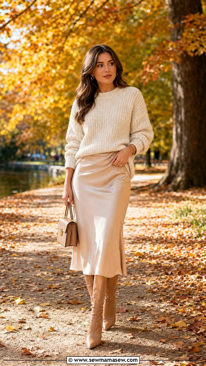 Chunky Knit Sweater and Satin Slip Skirt - 35 Petite outfits for women over 40
