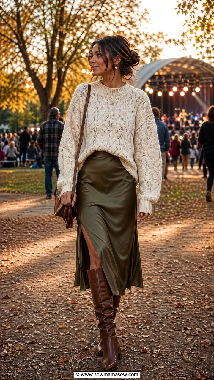 Chunky Knit Sweater and Slip Skirt Concert Outfit - 35 classy concert outfit ideas
