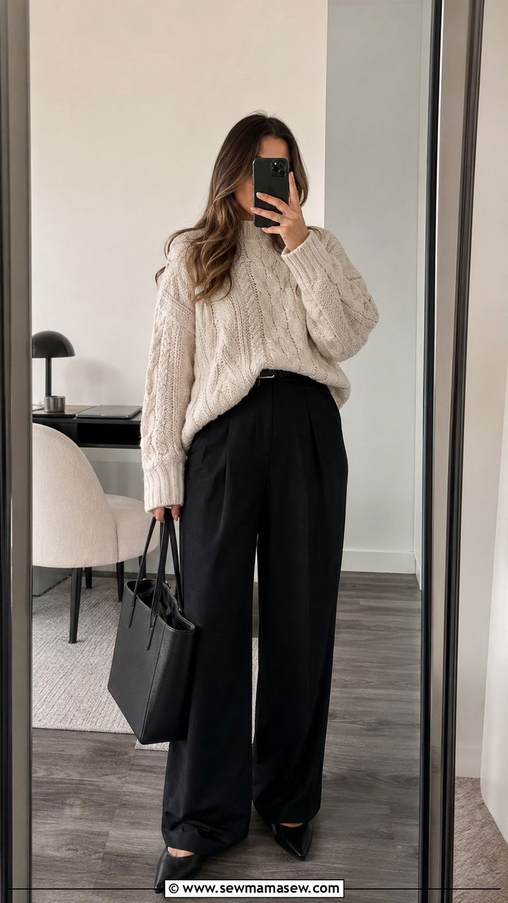 Chunky Knit Sweater and Wide Leg Trousers - 35 Office outfit ideas for women