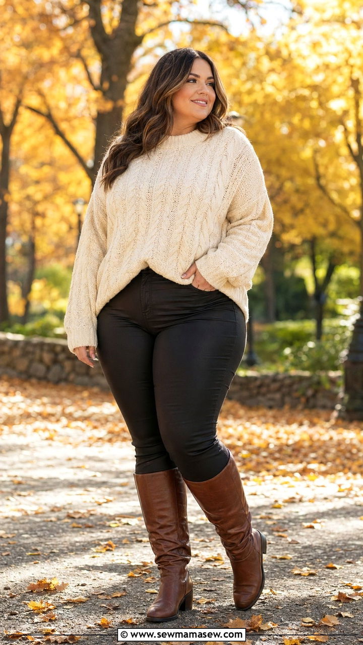 Chunky Knit Sweater with Coated Jeans Outfit - 30 Best tops for plus size