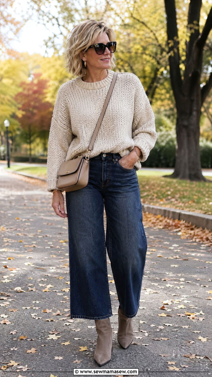 Chunky Knit Sweater with Cropped Wide Leg Jeans - 35 Chic outfits for women over 40