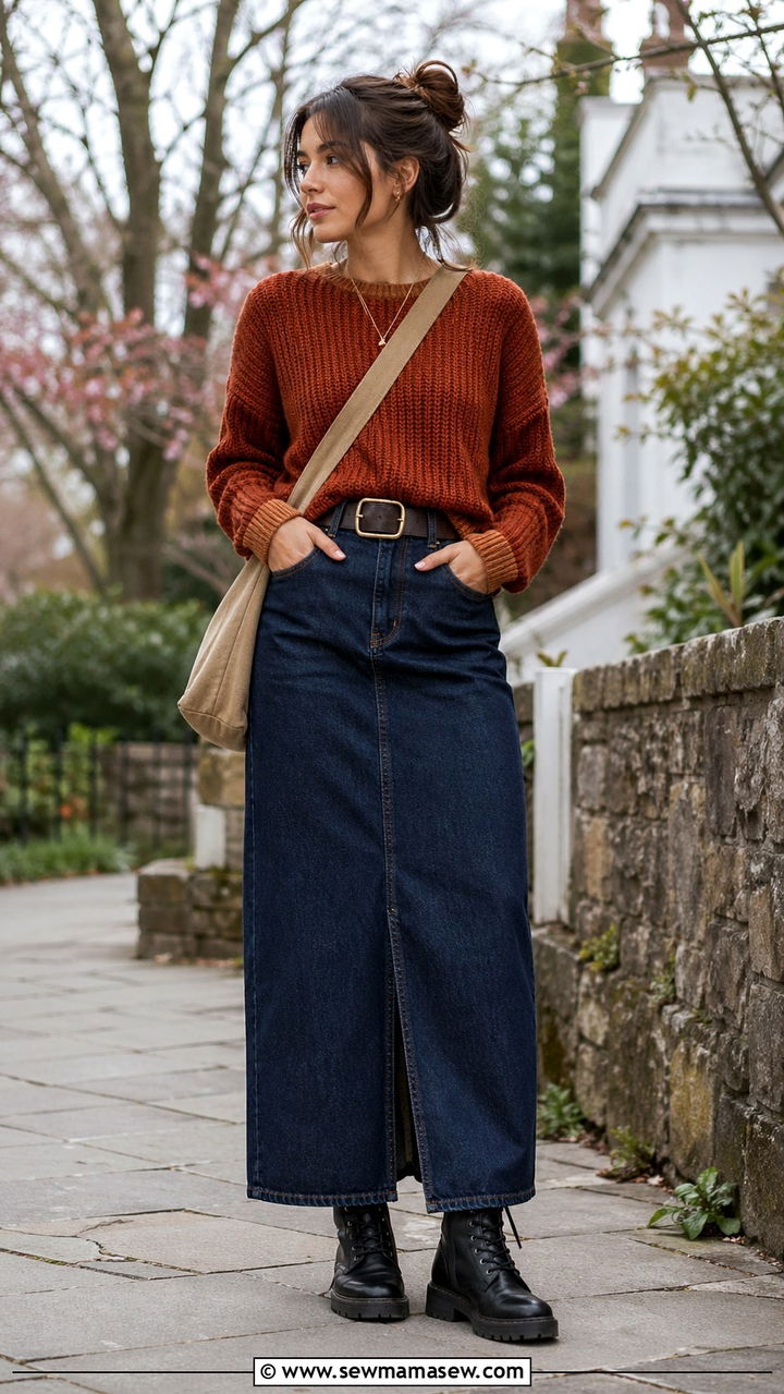 Chunky Knit Sweater with Denim Maxi Skirt and Combat Boots - 30 spring denim maxi skirt outfit ideas