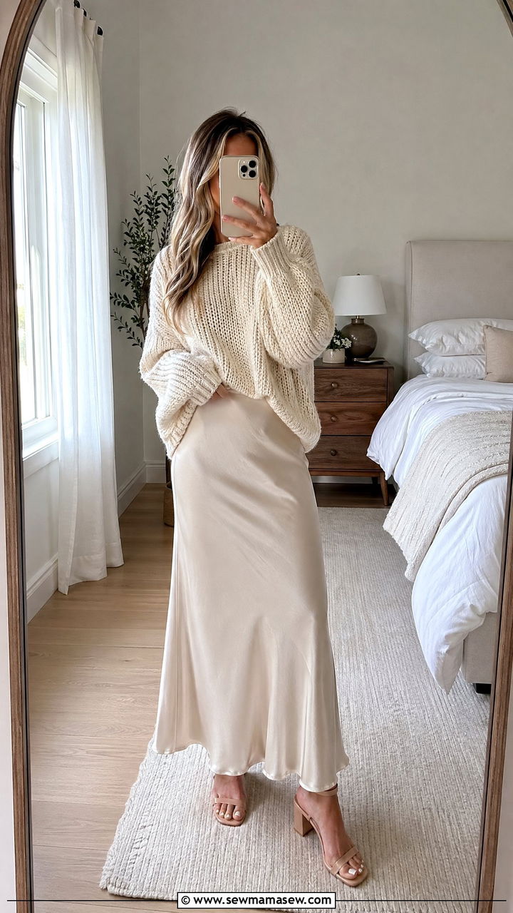 Chunky Knit Sweater with Satin Maxi Skirt and Heeled Sandals - 35 spring elegant outfit ideas
