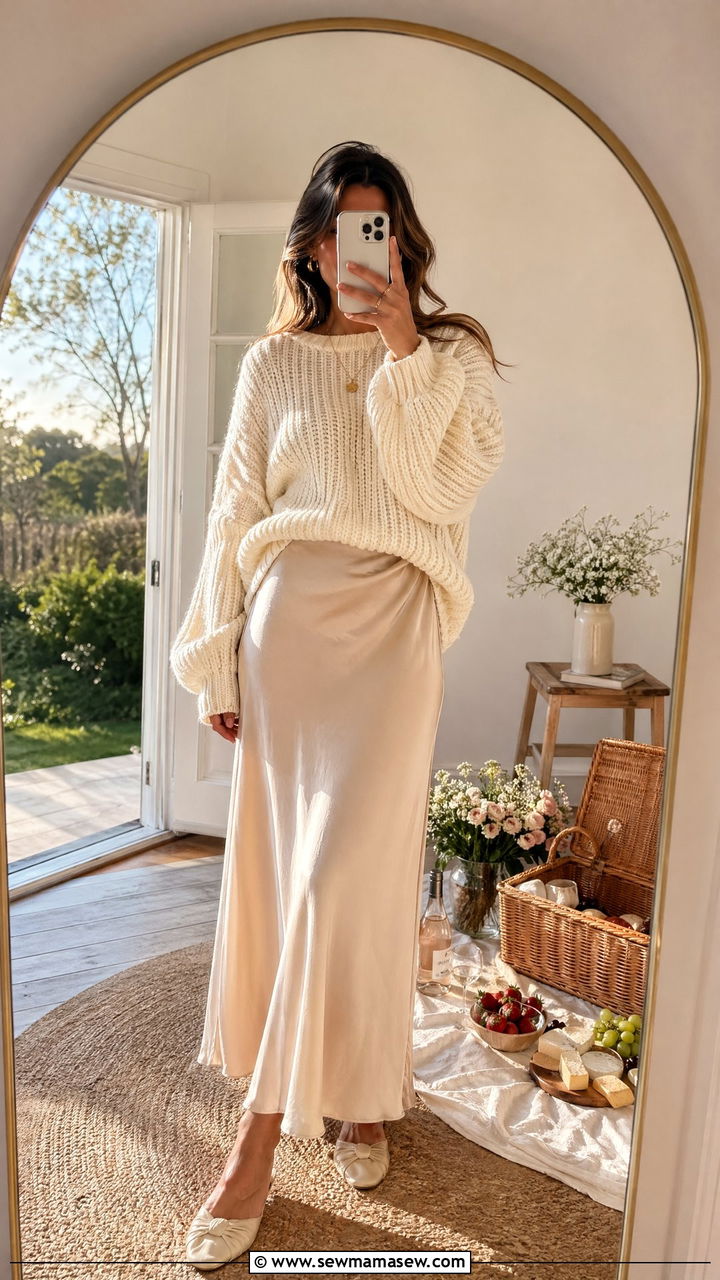 Chunky Knit Sweater with Satin Maxi Skirt - 35 What to wear for a spring picnic