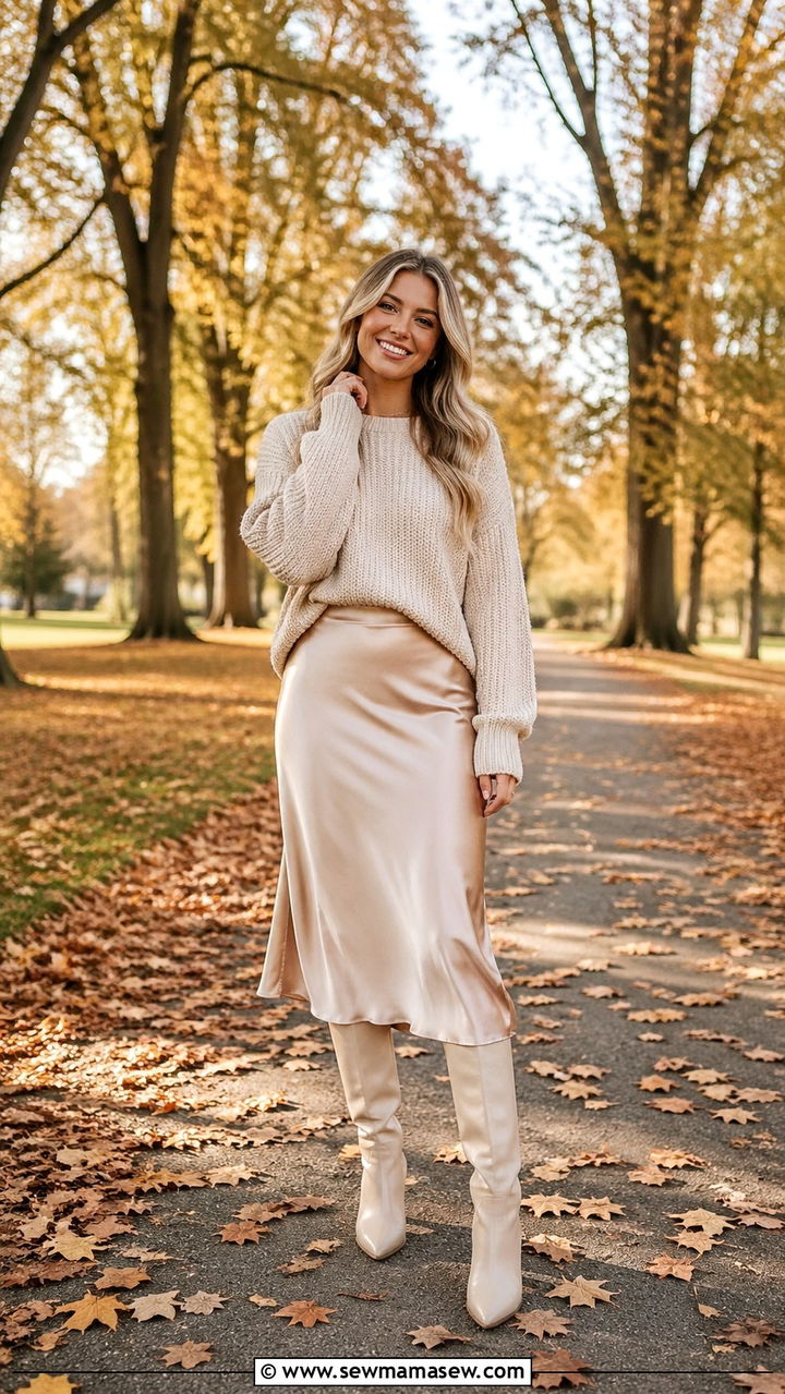 Chunky Knit Sweater with Satin Midi Skirt and Boots - 30 Senior portrait outfit ideas 2026