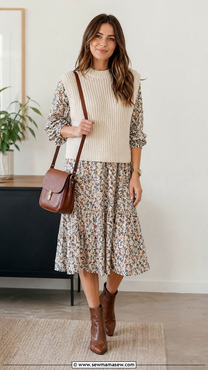 Chunky Knit Vest With Floral Midi Dress - 35 spring boho chic outfit ideas