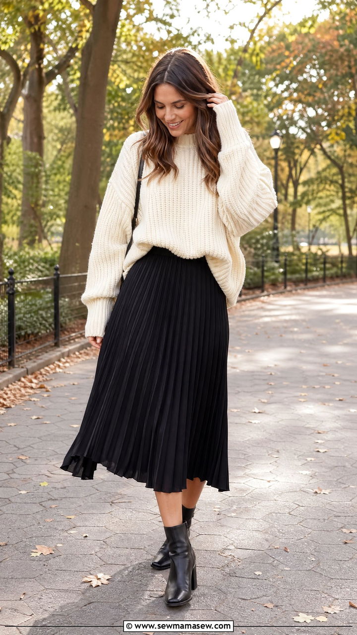 Chunky Knit With A Pleated Midi Skirt And Ankle Boots - 35 Spring London outfit ideas