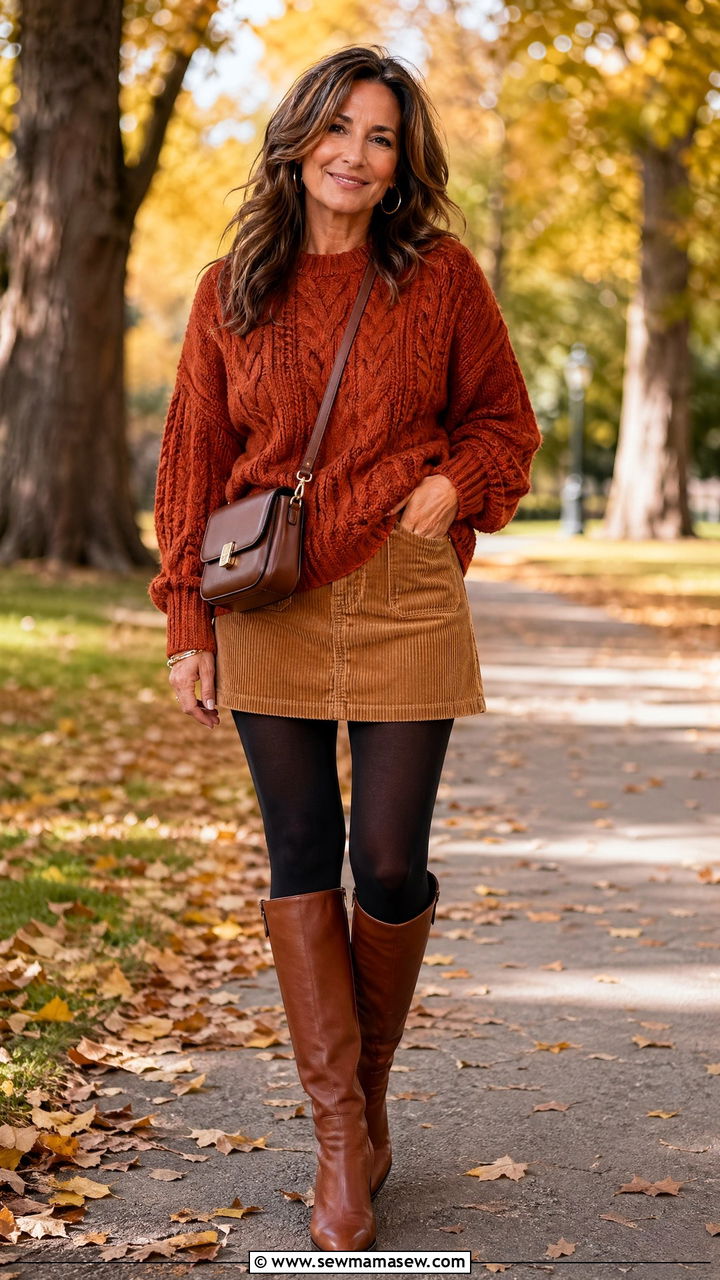 Chunky Knit With Corduroy Mini Skirt - 35 Skirt outfit ideas for women over 40