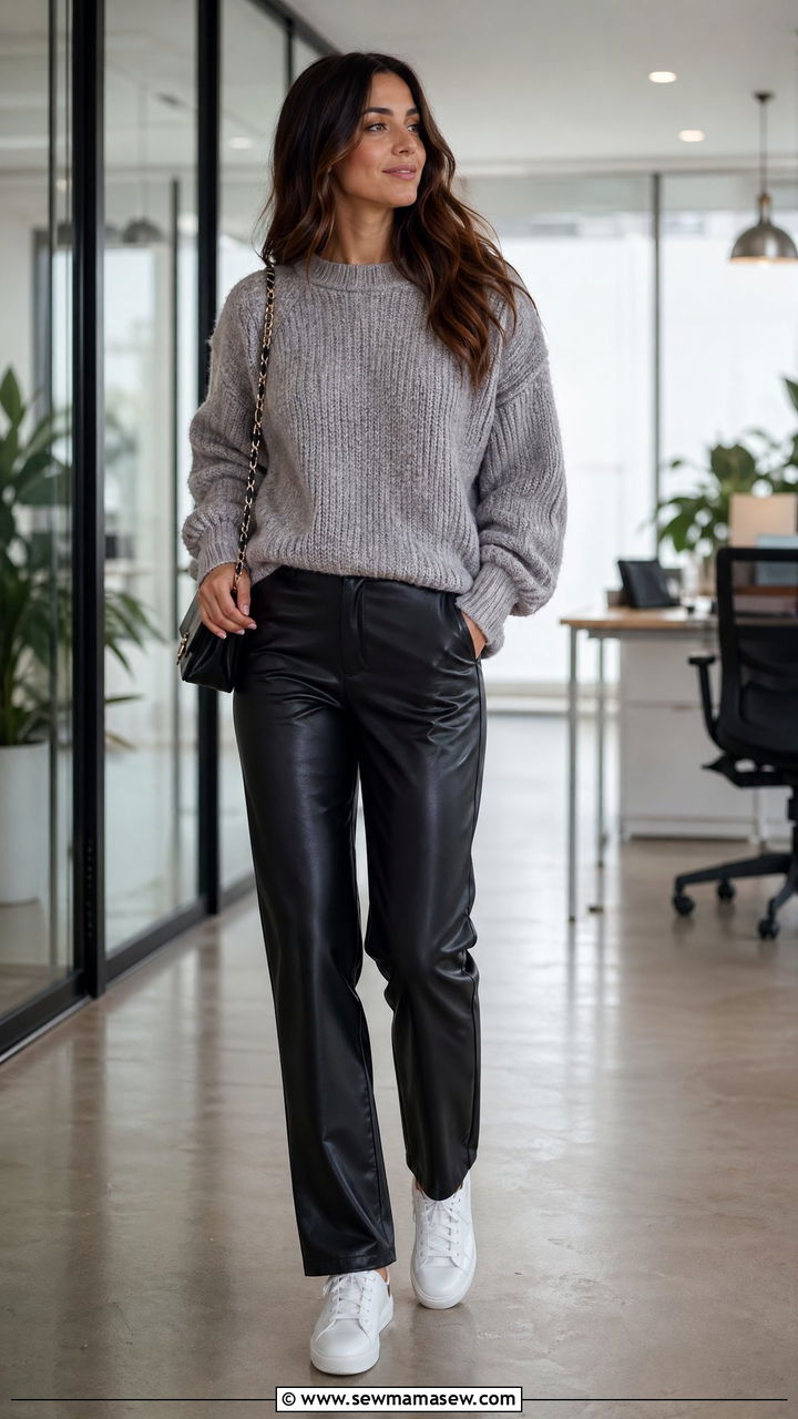 Chunky Knit With Faux Leather Pants Outfit - 35 chunky sweater outfit ideas for women