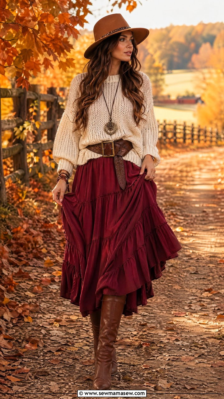 Chunky Knit With Tiered Maxi Skirt And Boots - 35 Western boho outfit ideas