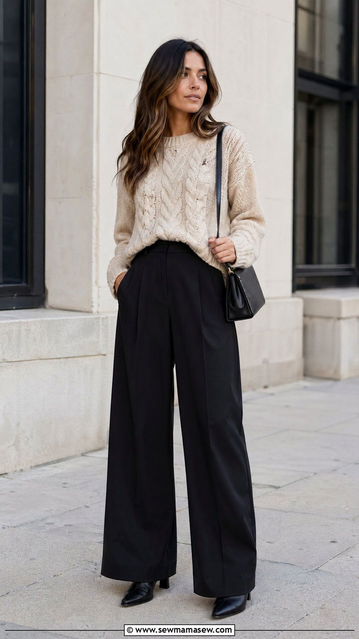 Chunky Knit with Wide Leg Trousers - 35 transitional outfits casual