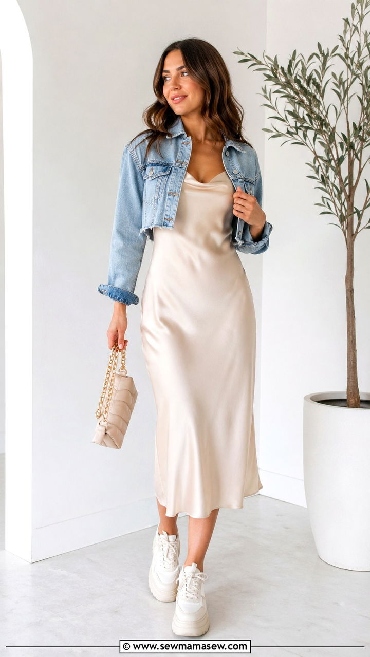 Chunky Sneakers With Satin Slip Dress - 30 sneaker outfit ideas for women