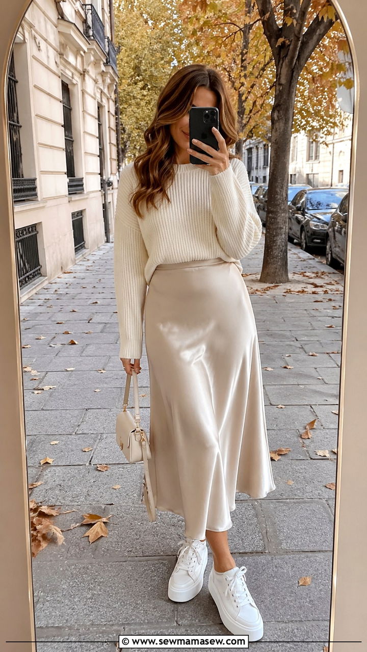 Chunky Sneakers with Midi Skirt and Sweater - 30 sneaker outfits ideas