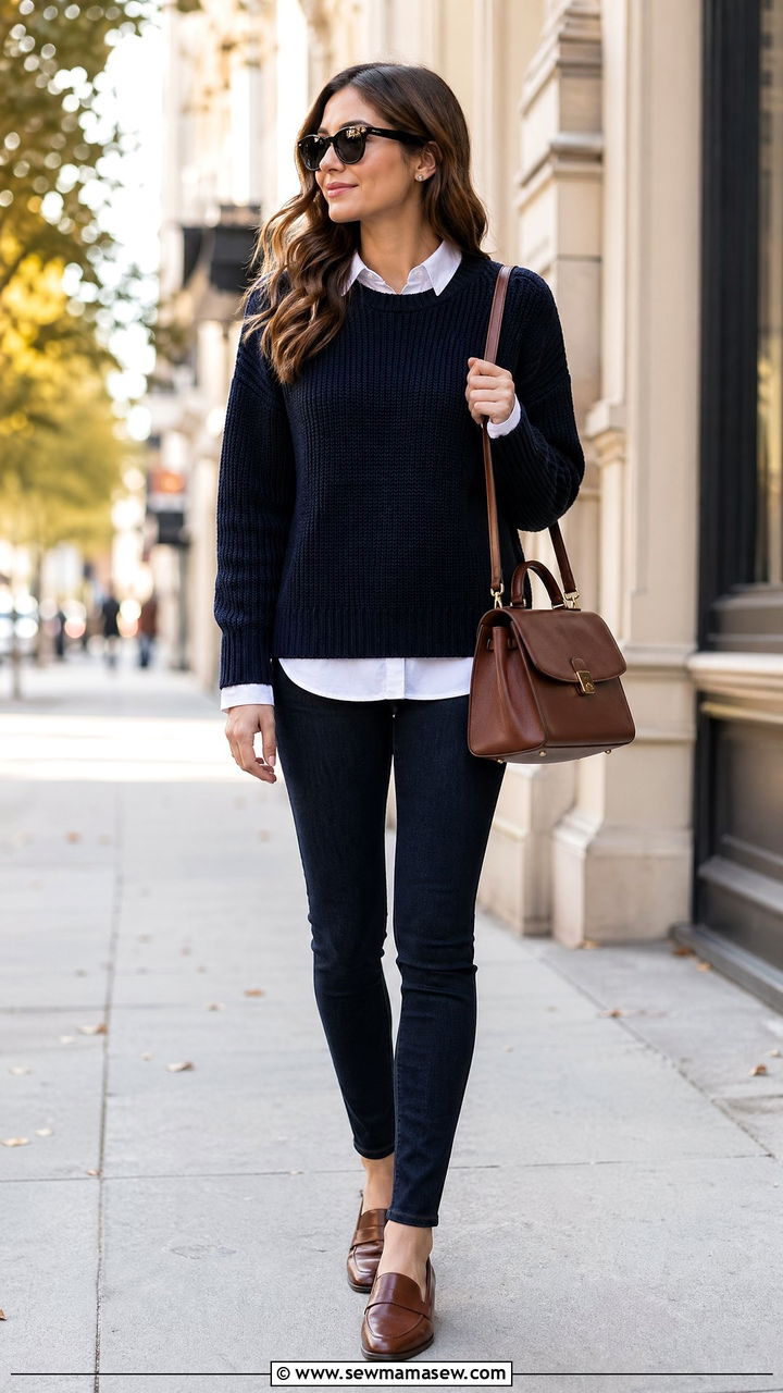 Chunky Sweater Layered Over Collared Shirt - 35 chunky sweater outfit ideas for women
