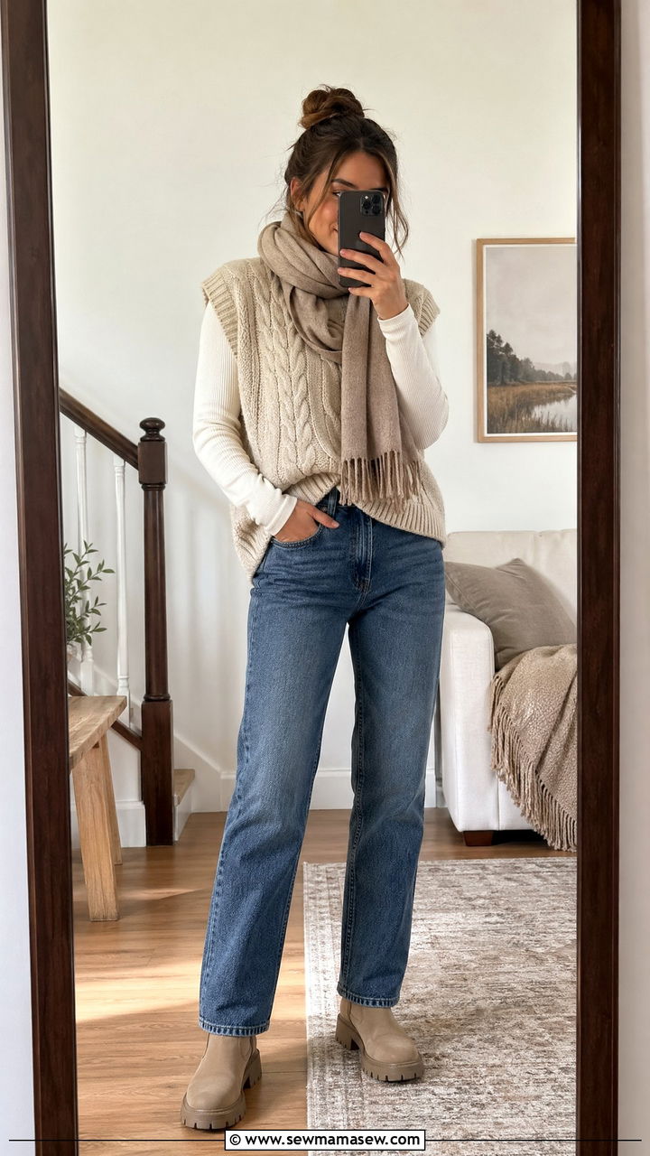 Chunky Sweater Vest And Straight Leg Jeans - 35 Sweater vest outfit ideas