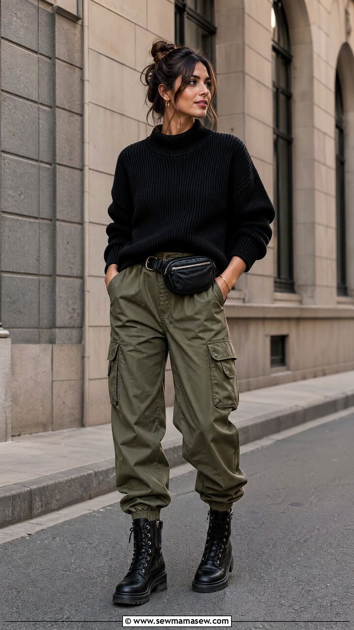 Chunky Sweater With Cargo Pants and Boots - 35 chunky sweater outfit ideas for women