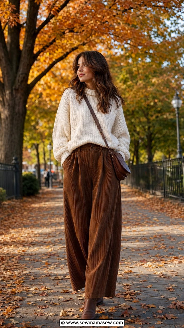 Chunky Sweater With Corduroy Palazzo Pants - 35 palazzo pants outfit ideas for women