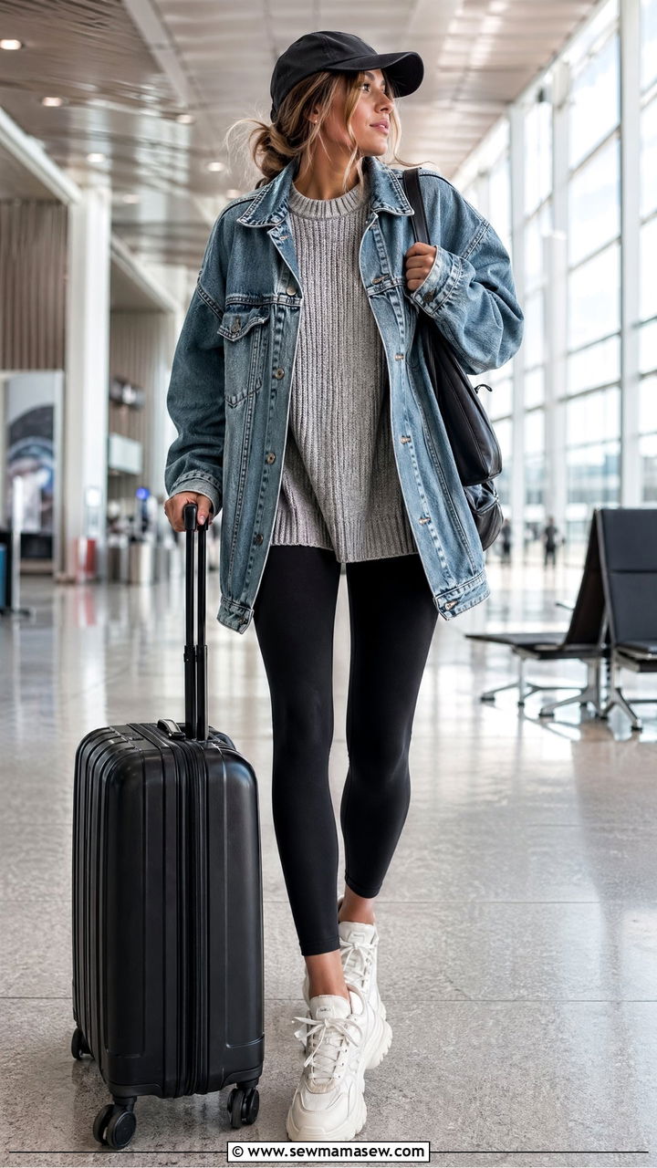 Chunky Sweater With Denim Jacket and Leggings - 35 chunky sweater outfit ideas for women