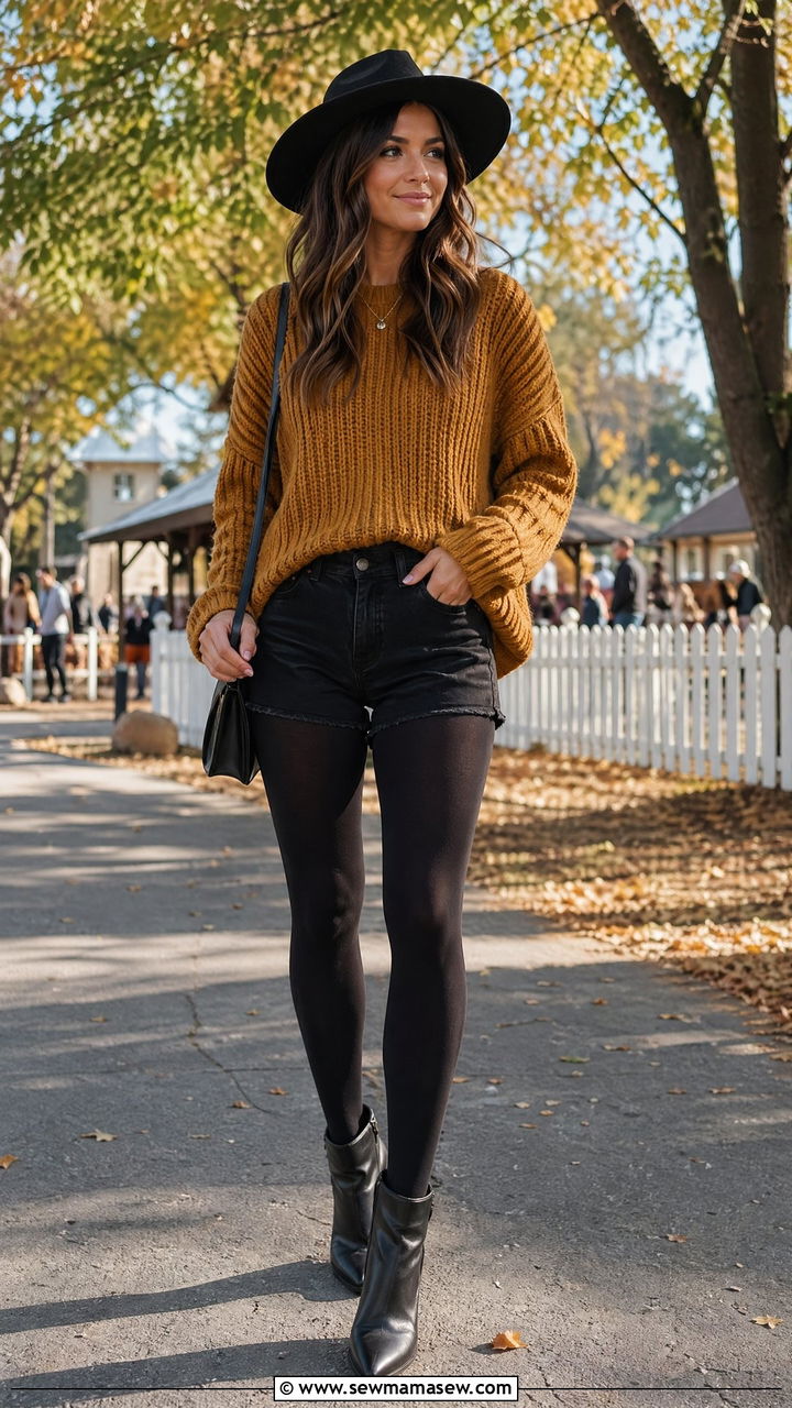 Chunky Sweater With Denim Shorts and Tights - 35 chunky sweater outfit ideas for women