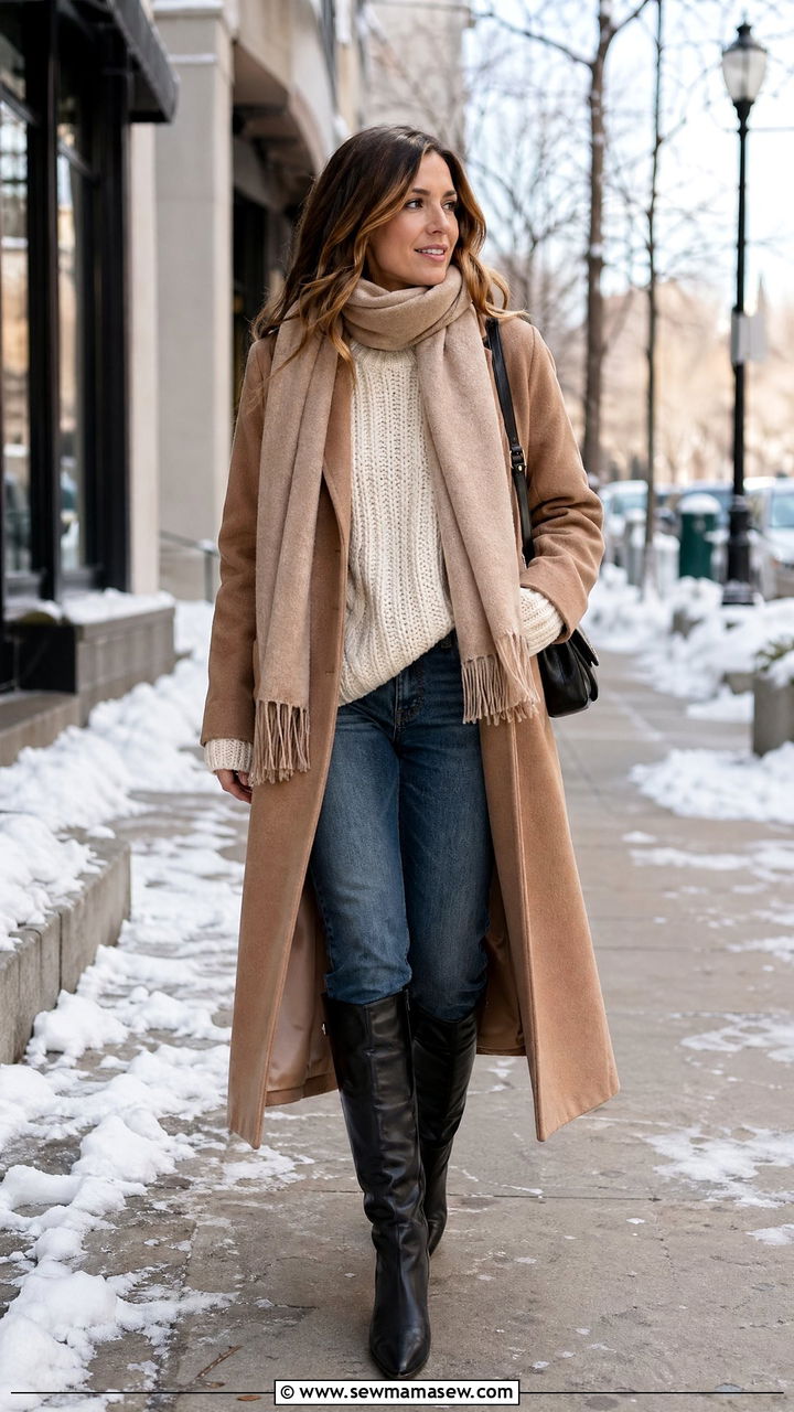 Chunky Sweater With Long Wool Coat and Boots - 35 chunky sweater outfit ideas for women